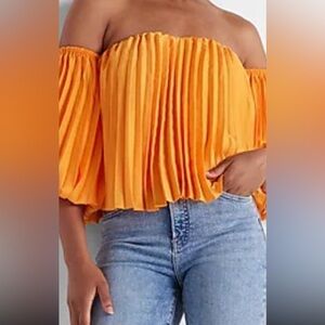 Express Pleaded off the Shoulder Ballon Sleeve Satin Blouse